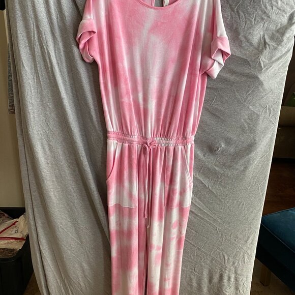 Cherish Apparel Pink Tie-Dye Round Neck Short Sleeve Jumpsuit - Picture 5 of 8